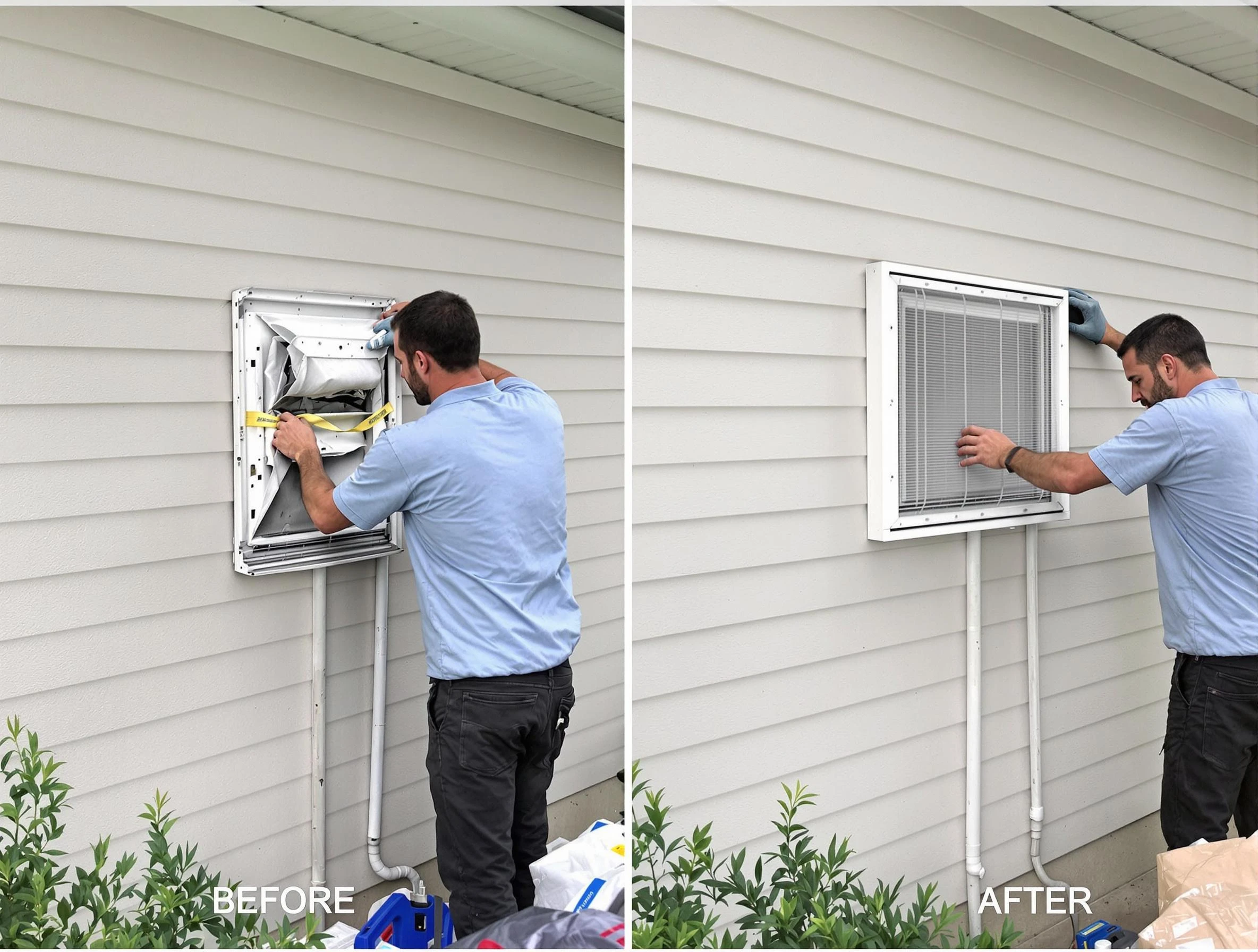 Canonsburg Dryer Vent Cleaning technician installing high-quality dryer vent cover at a residential property in Canonsburg